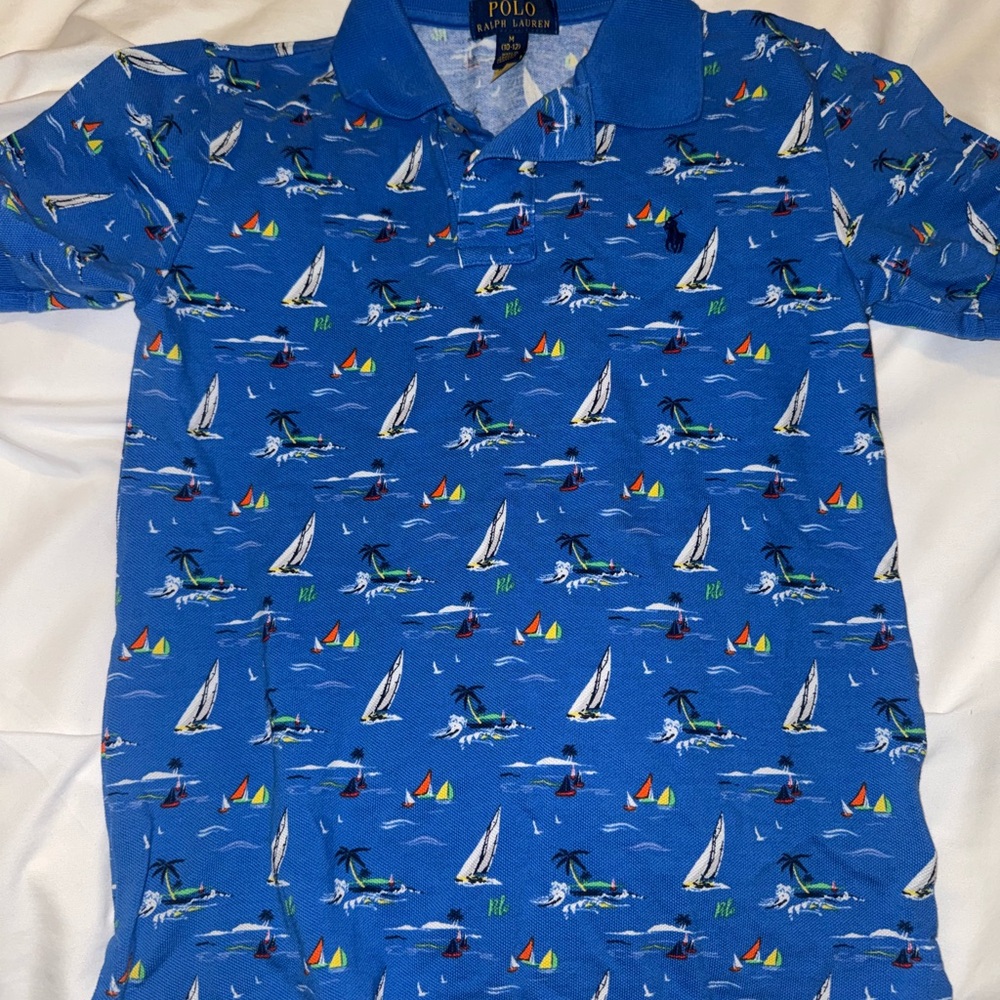 Boys Poli Ralph Lauren Blue Nautical Print Polo Shirt